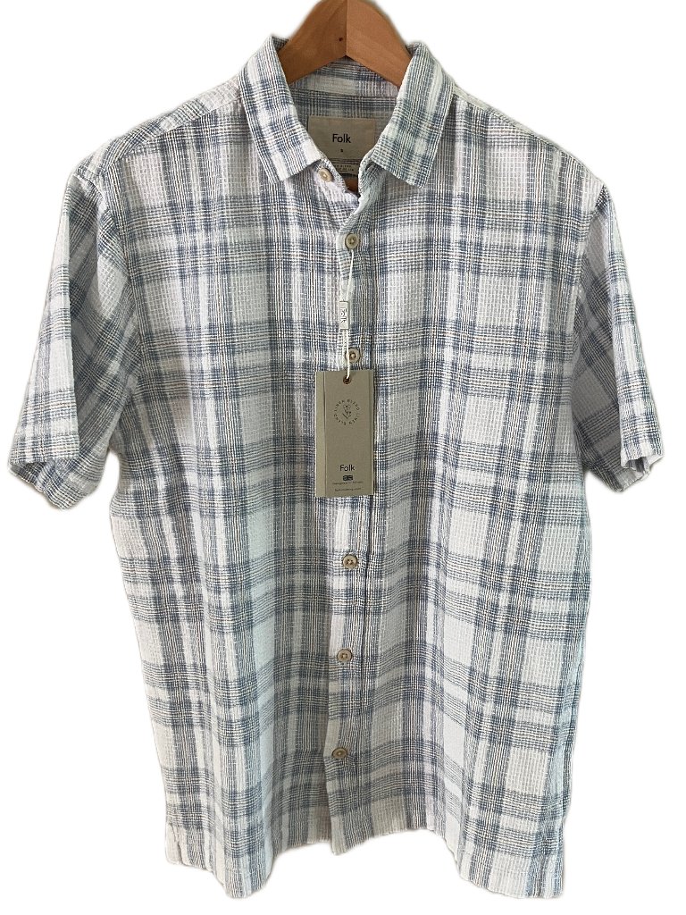 British Designer Folk Curtis Short Sleeve Blue Linen Blend Shirt Size S Nwt